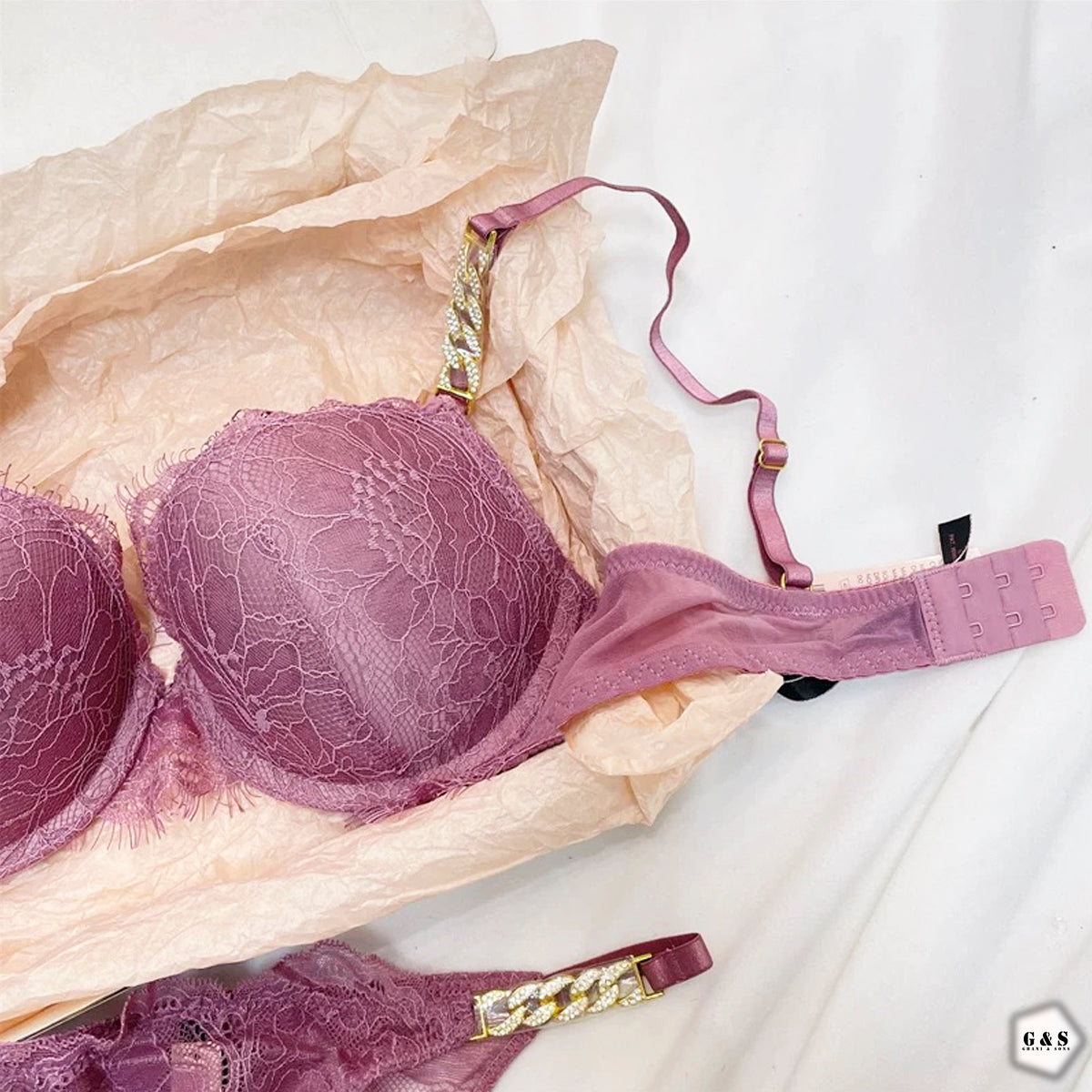 Stones Chain Design T-Pink Pushup Bra With T-Panty Set