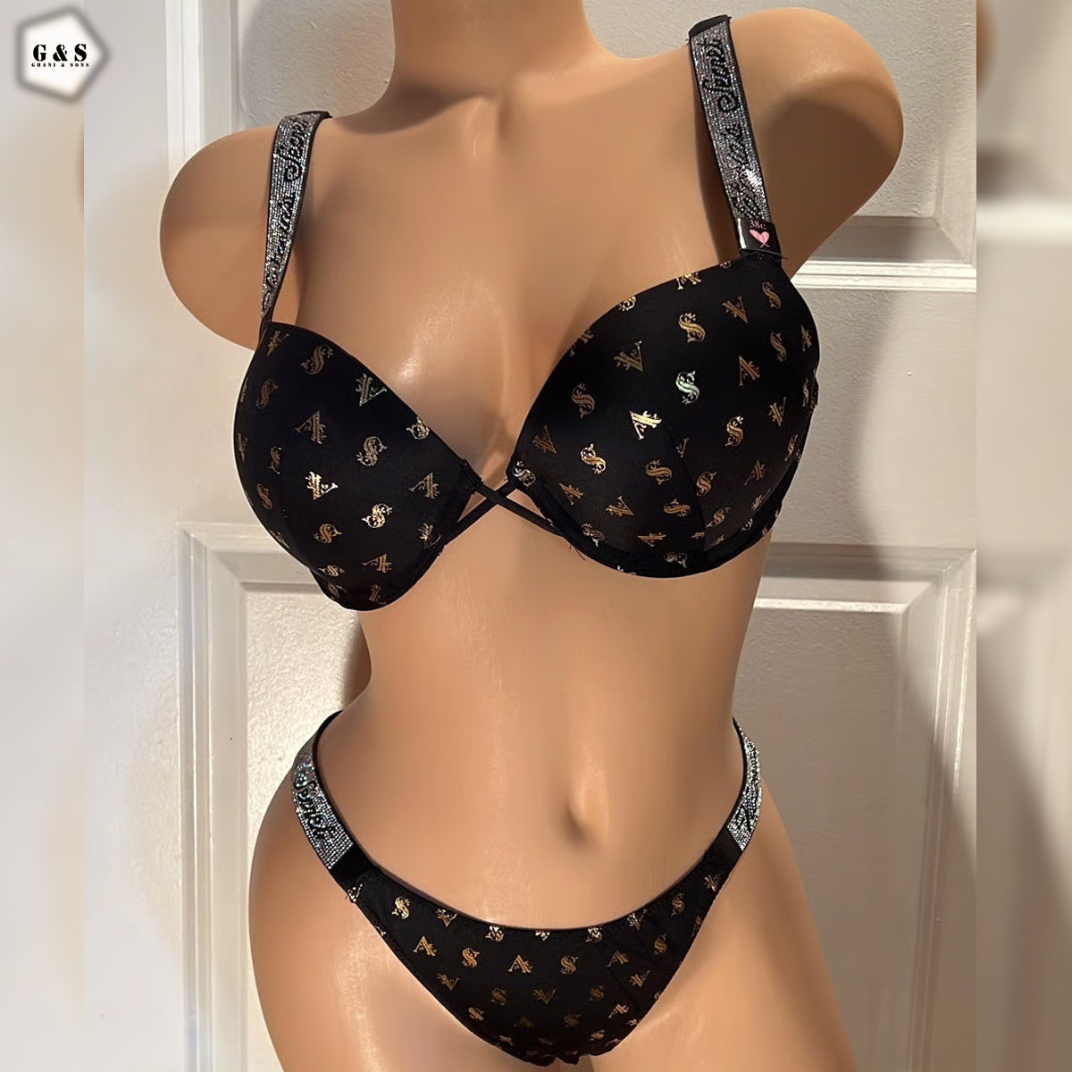 Stones Design Black Color Pushup Bra With T-Panty Set