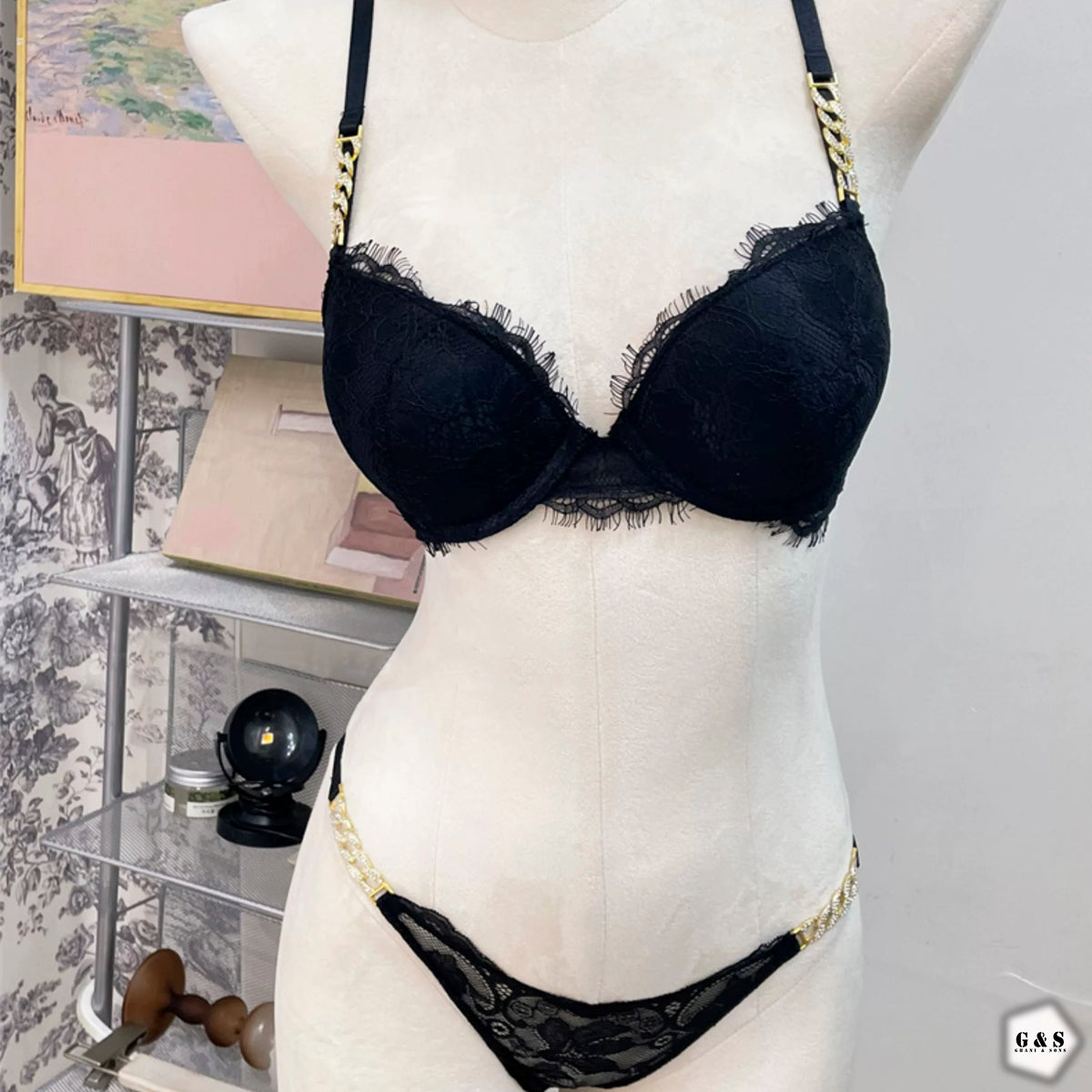 Stones Chain Lace Design Black Pushup Bra With T-Panty Set