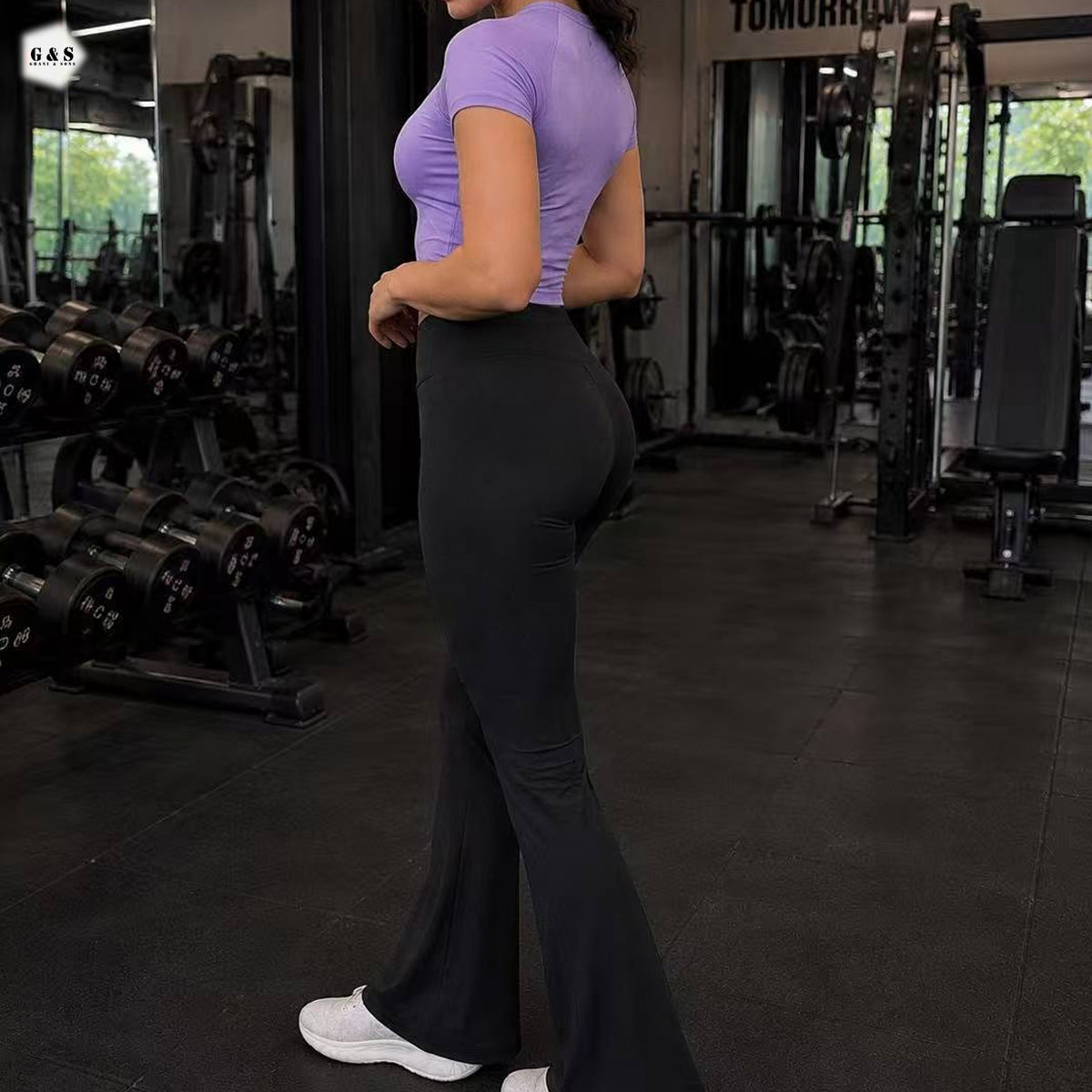 High Quality Purple Shirt With Black Flared Legging Gym/Yoga Set