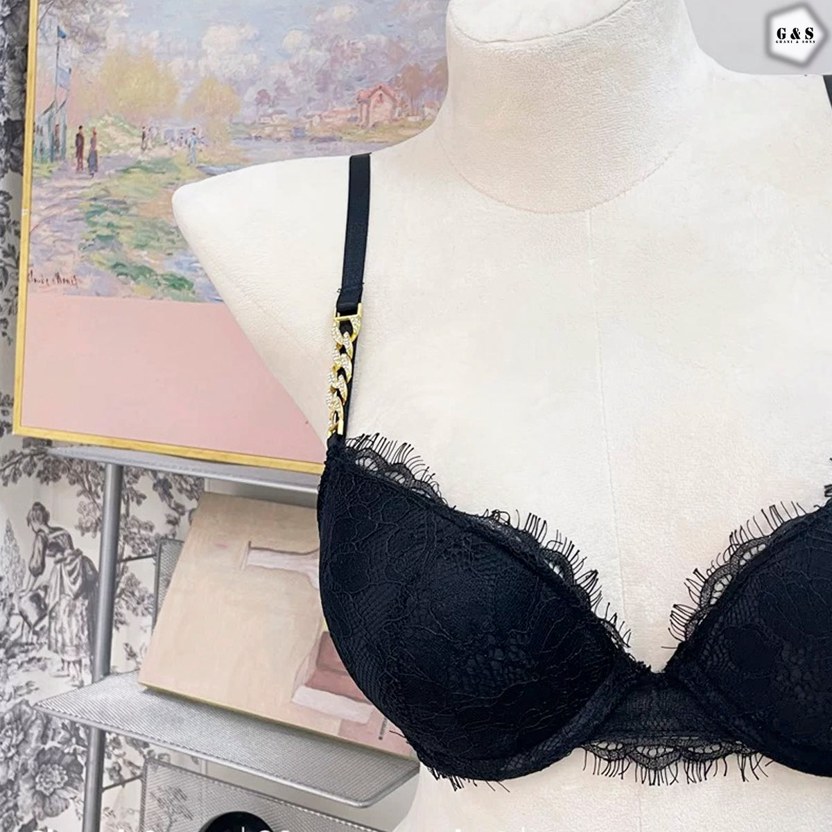 Stones Chain Lace Design Black Pushup Bra With T-Panty Set