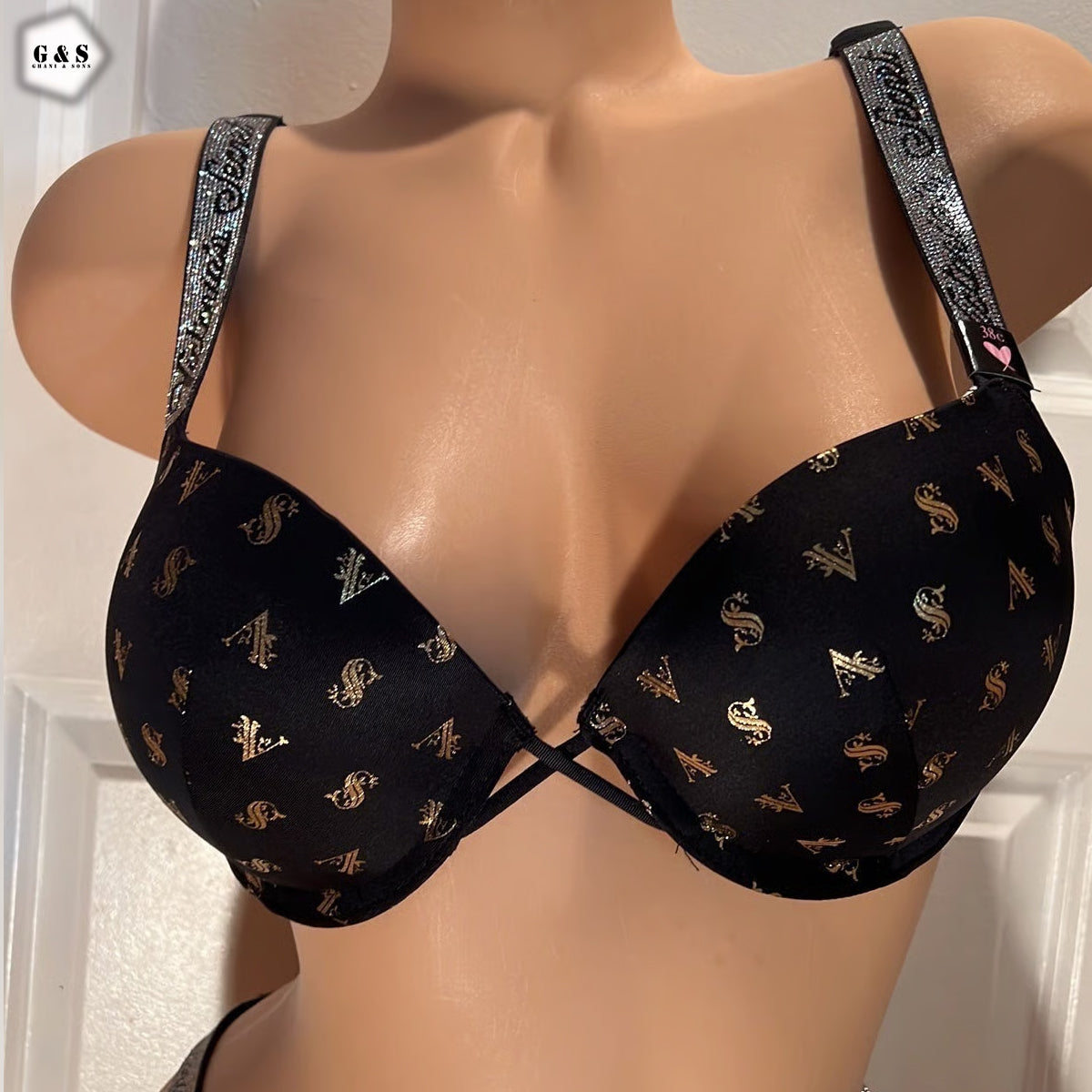 Stones Design Black Color Pushup Bra With T-Panty Set