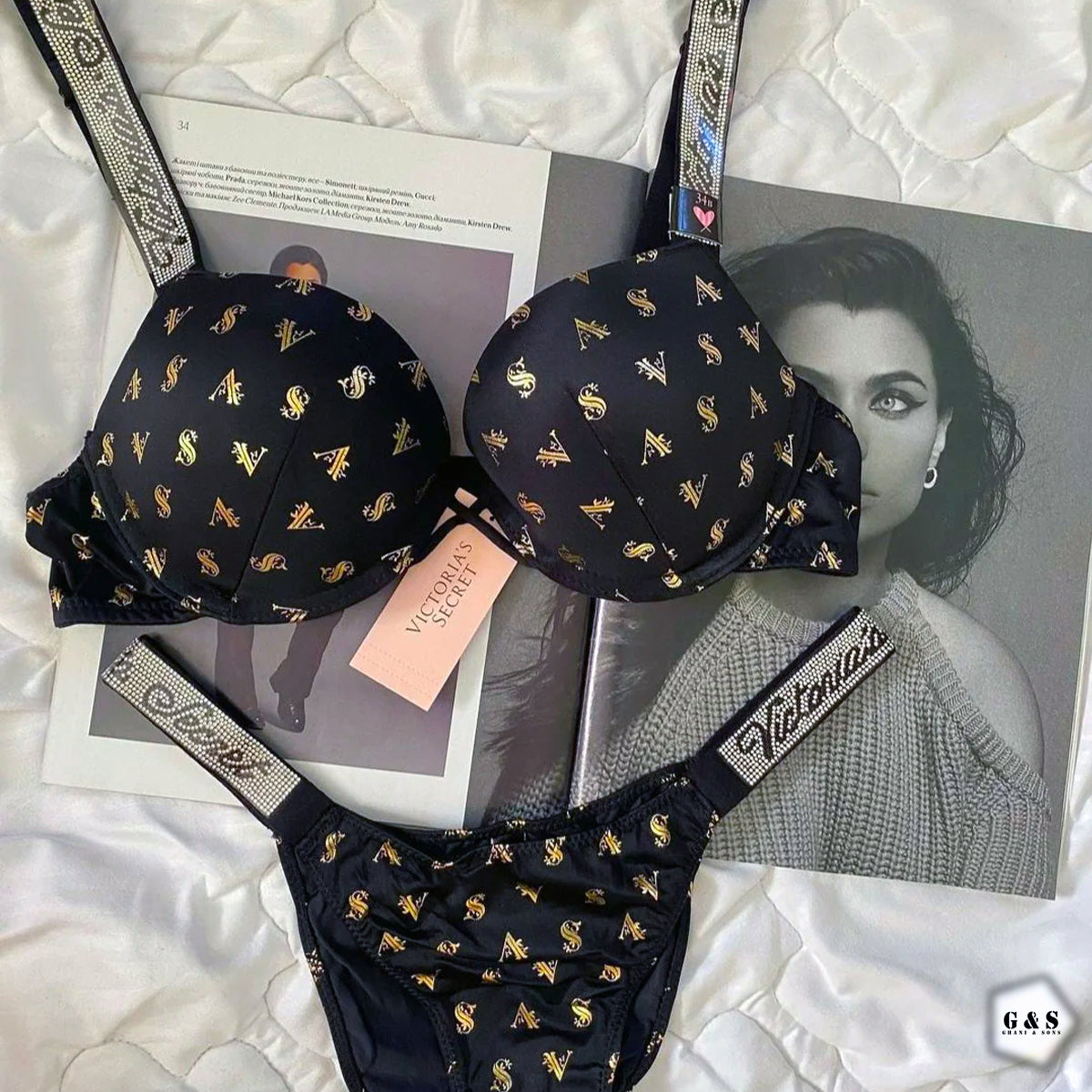 Stones Design Black Color Pushup Bra With T-Panty Set