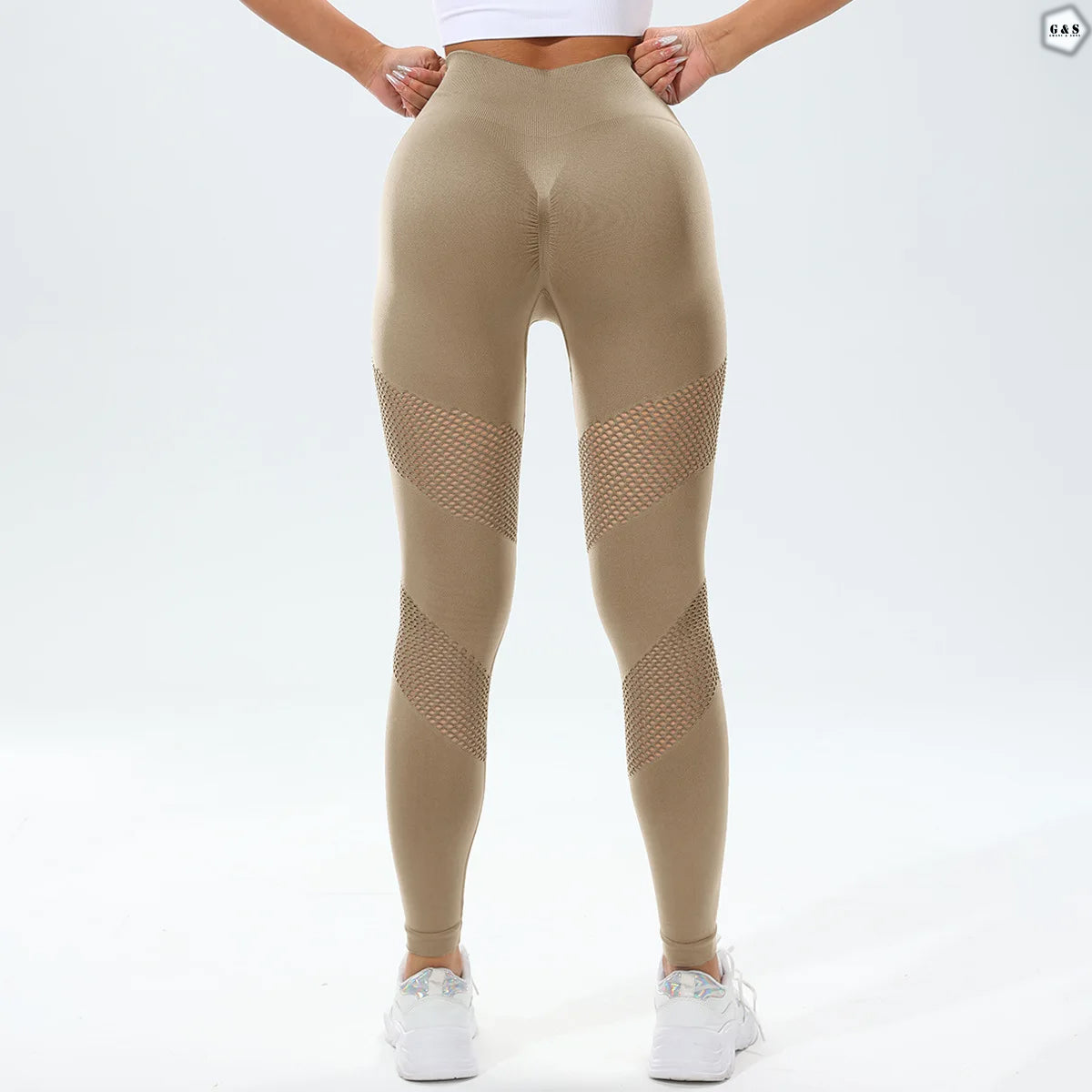 High Waist Seamless Khaki Color Mesh-Hole Design Butt Lifter Gym/Yoga Legging