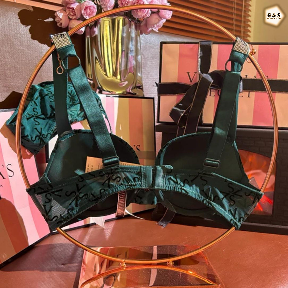 Stones Design Deep Green Color Pushup Bra With T-Panty Set