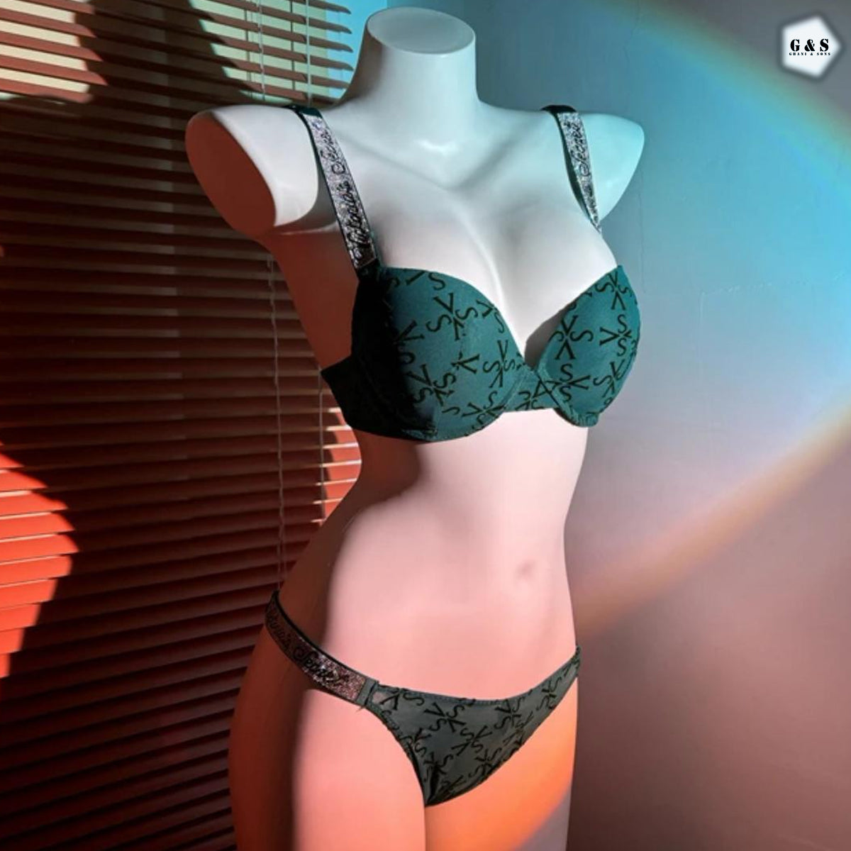 Stones Design Deep Green Color Pushup Bra With T-Panty Set