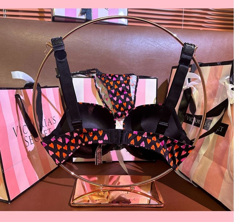 Black Stones Design Heart Printed Pushup Bra With T-Panty Set