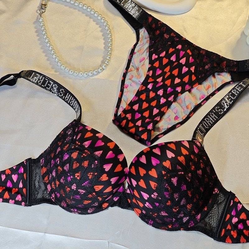 Black Stones Design Heart Printed Pushup Bra With T-Panty Set