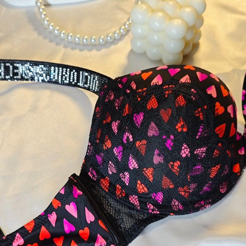 Black Stones Design Heart Printed Pushup Bra With T-Panty Set