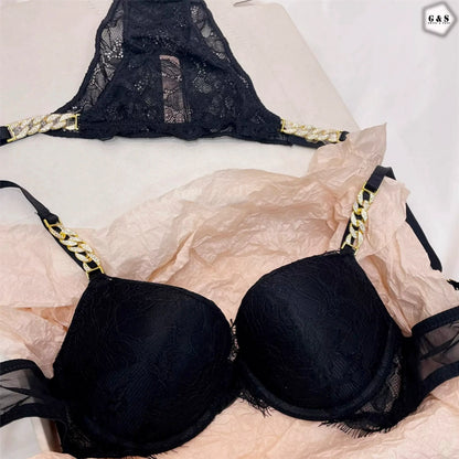 Stones Chain Lace Design Black Pushup Bra With T-Panty Set