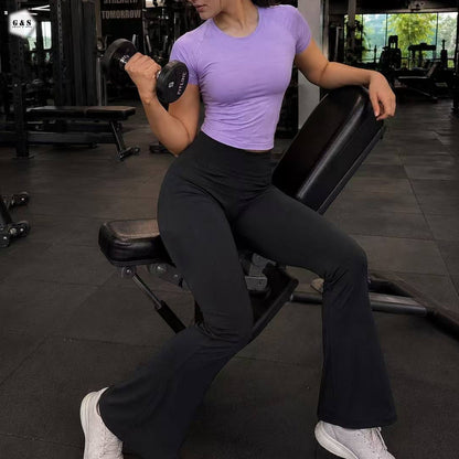 High Quality Purple Shirt With Black Flared Legging Gym/Yoga Set