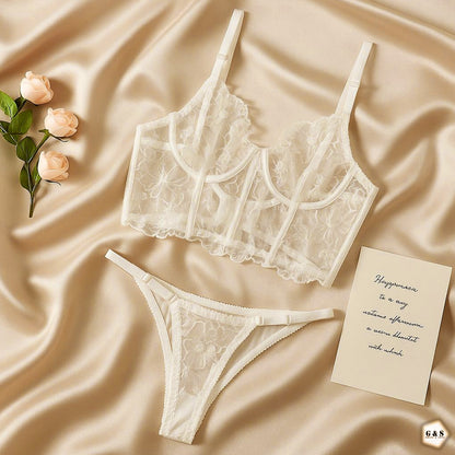 High Quality Corset Design Wired Net Bra With T-Panty Set