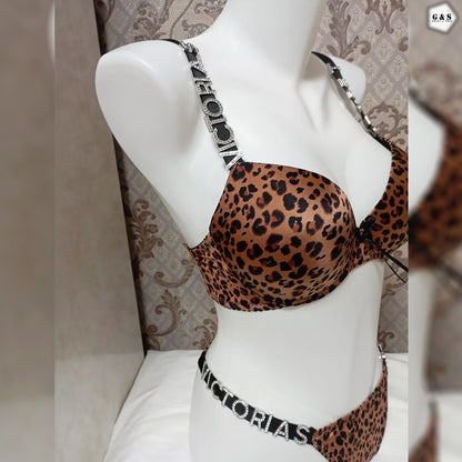 Stones Design Leopard Printed Pushup Bra With T-Panty Set