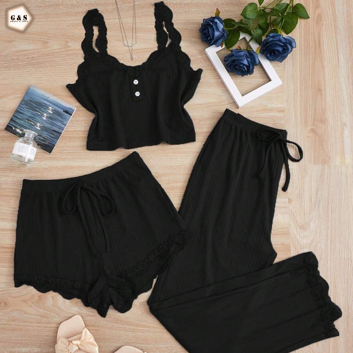 Ladies Imported 3 Pieces Nightwear Top/Pajama/Shorts Set