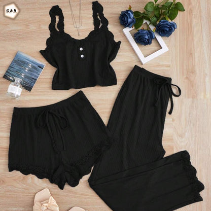 Ladies Imported 3 Pieces Nightwear Top/Pajama/Shorts Set
