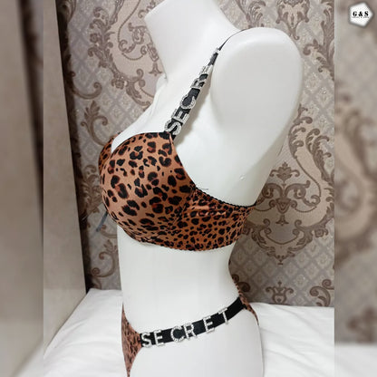 Stones Design Leopard Printed Pushup Bra With T-Panty Set