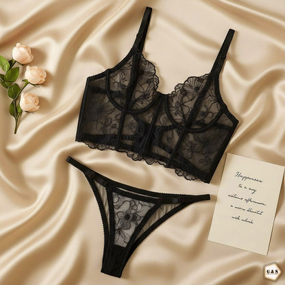 High Quality Corset Design Wired Net Bra With T-Panty Set