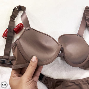 Stones Design Choclate Brown Color Pushup Bra With T-Panty Set