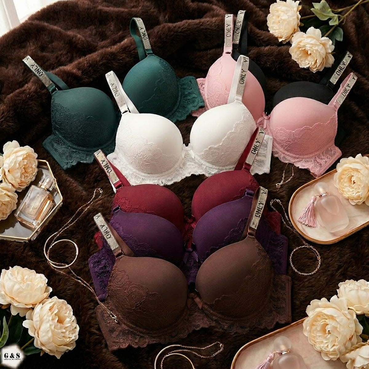 Pack Of 3 Fancy Wired Stones Design Lace Pushup Bras