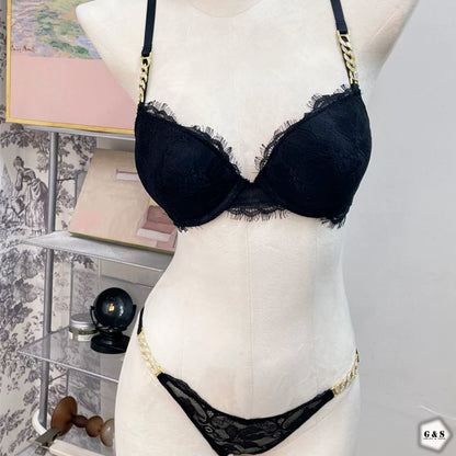 Stones Chain Lace Design Black Pushup Bra With T-Panty Set