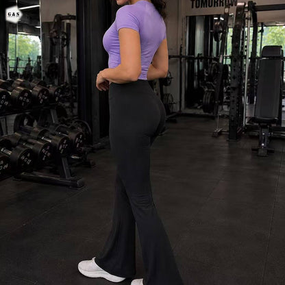 High Quality Purple Shirt With Black Flared Legging Gym/Yoga Set