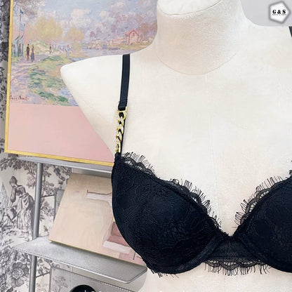 Stones Chain Lace Design Black Pushup Bra With T-Panty Set
