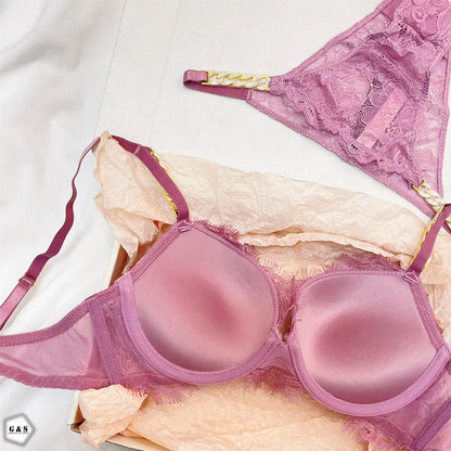 Stones Chain Design T-Pink Pushup Bra With T-Panty Set