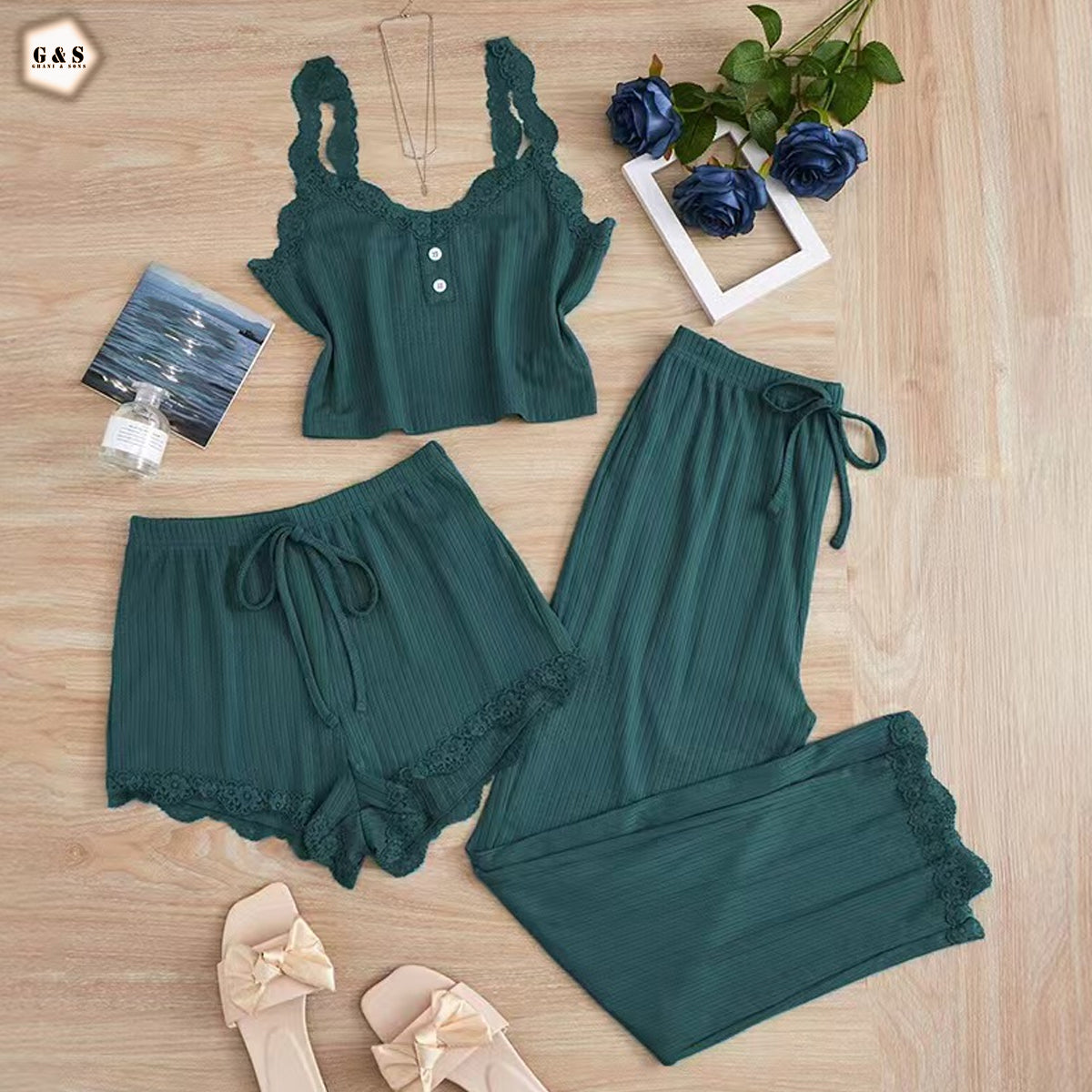 Ladies Imported 3 Pieces Nightwear Top/Pajama/Shorts Set