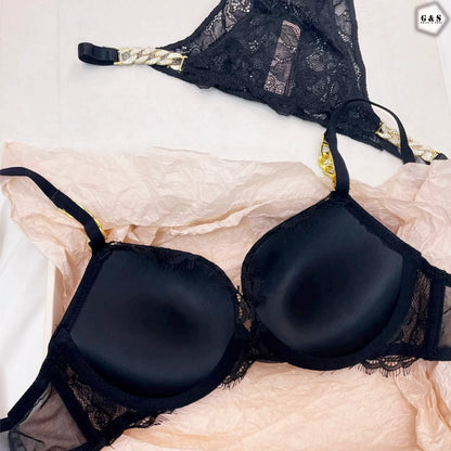 Stones Chain Lace Design Black Pushup Bra With T-Panty Set
