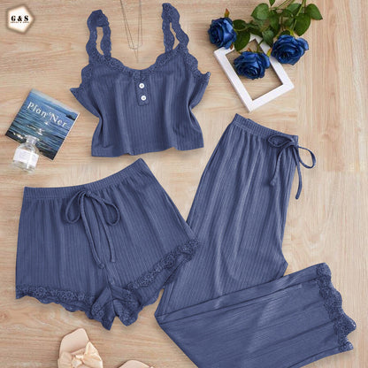 Ladies Imported 3 Pieces Nightwear Top/Pajama/Shorts Set