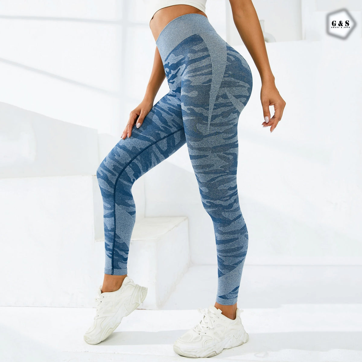 High Waist Seamless Blue Camouflage Printed Butt Lifter Gym/Yoga Legging