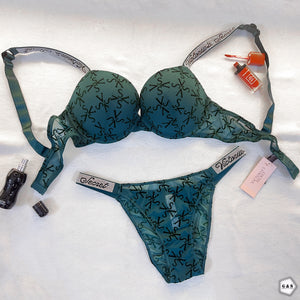 Stones Design Deep Green Color Pushup Bra With T-Panty Set