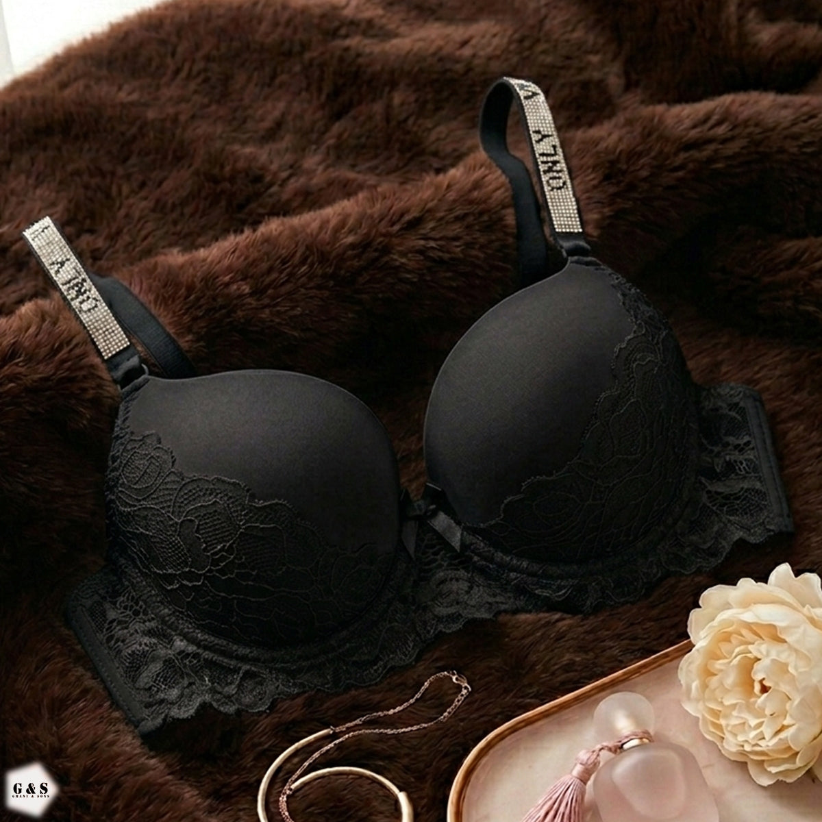 Pack Of 3 Fancy Wired Stones Design Lace Pushup Bras