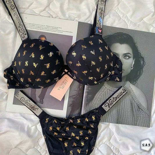 Stones Design Black Color Pushup Bra With T-Panty Set