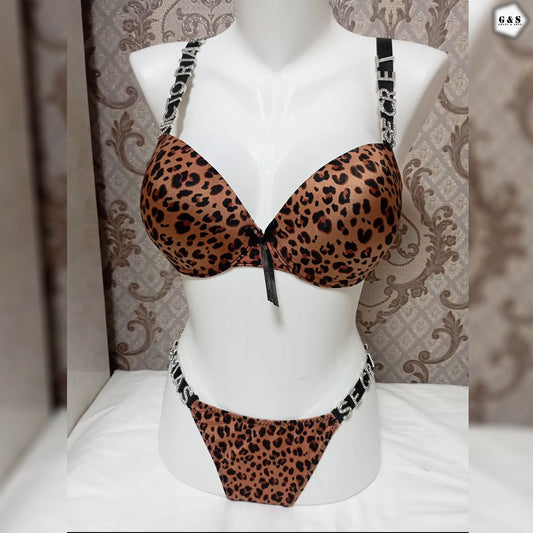 Stones Design Leopard Printed Pushup Bra With T-Panty Set