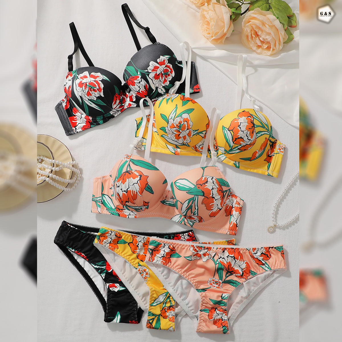 Pack Of 2 Light Padded Wired Floral Print Bra & Panty Sets