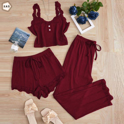 Ladies Imported 3 Pieces Nightwear Top/Pajama/Shorts Set