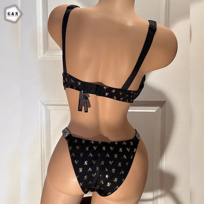 Stones Design Black Color Pushup Bra With T-Panty Set