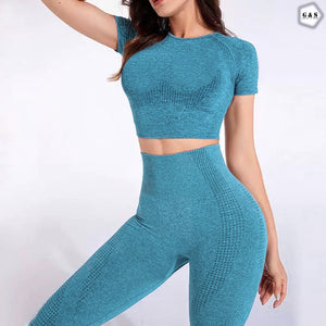 Pack Of 2 Half Sleeves Crop Top Seamless With Butt Lifter Gym/Yoga Sets