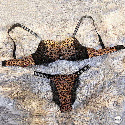 Stones Design Leopard Pushup Bra With T-Panty Set