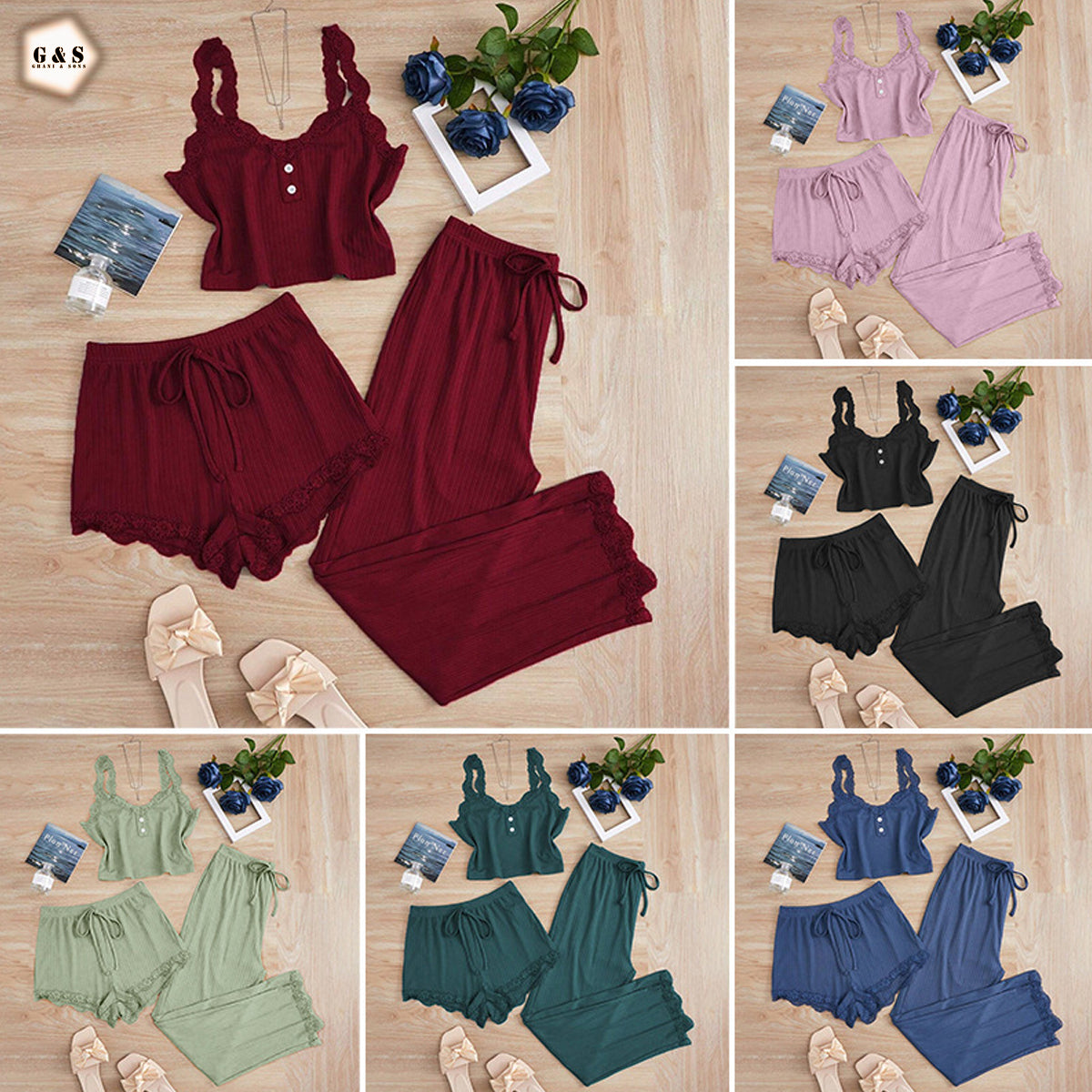 Ladies Imported 3 Pieces Nightwear Top/Pajama/Shorts Set