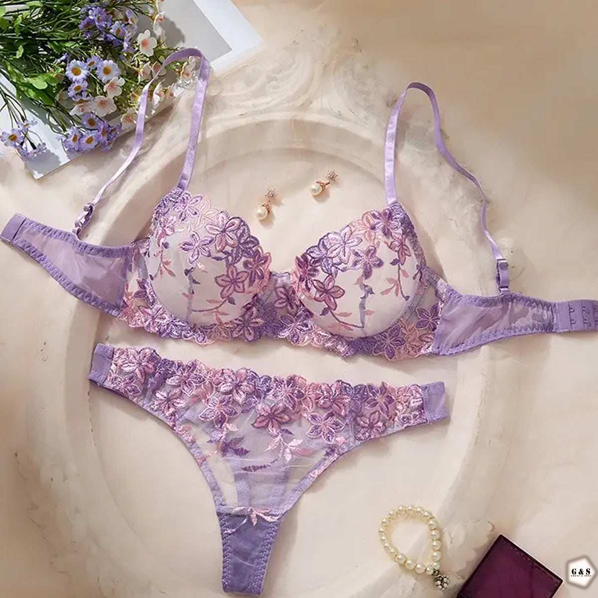 High Quality Purple Wired Net Pushup Bra & Panty Set