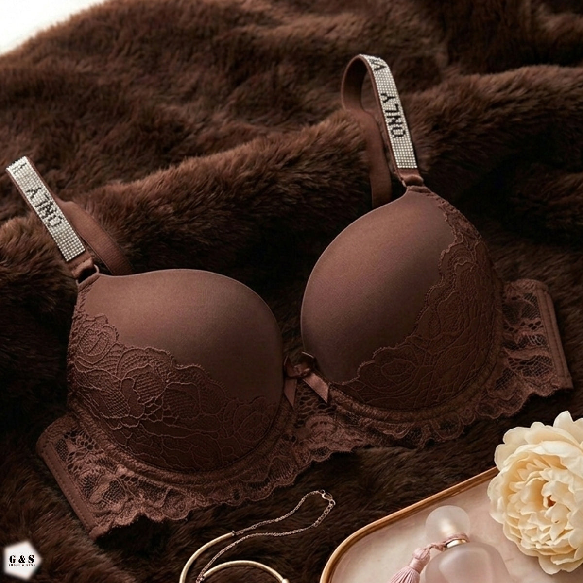 Pack Of 3 Fancy Wired Stones Design Lace Pushup Bras