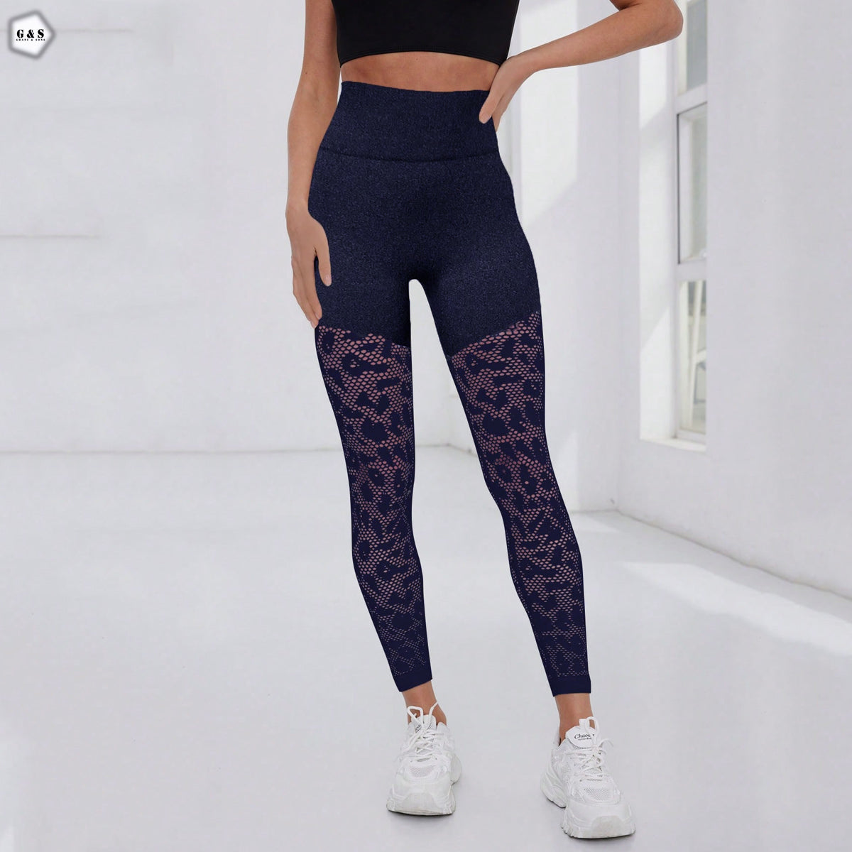 High Waist Seamless Navy Blue Mesh-Hole Design Butt Lifter Gym/Yoga Legging