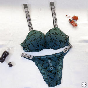 Stones Design Deep Green Color Pushup Bra With T-Panty Set