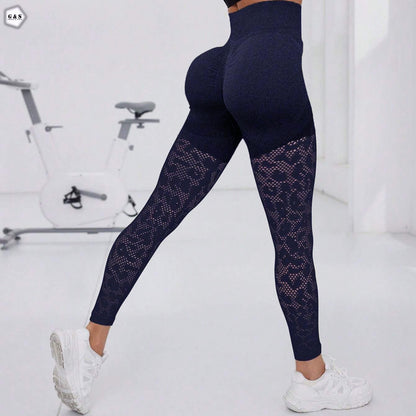 High Waist Seamless Navy Blue Mesh-Hole Design Butt Lifter Gym/Yoga Legging