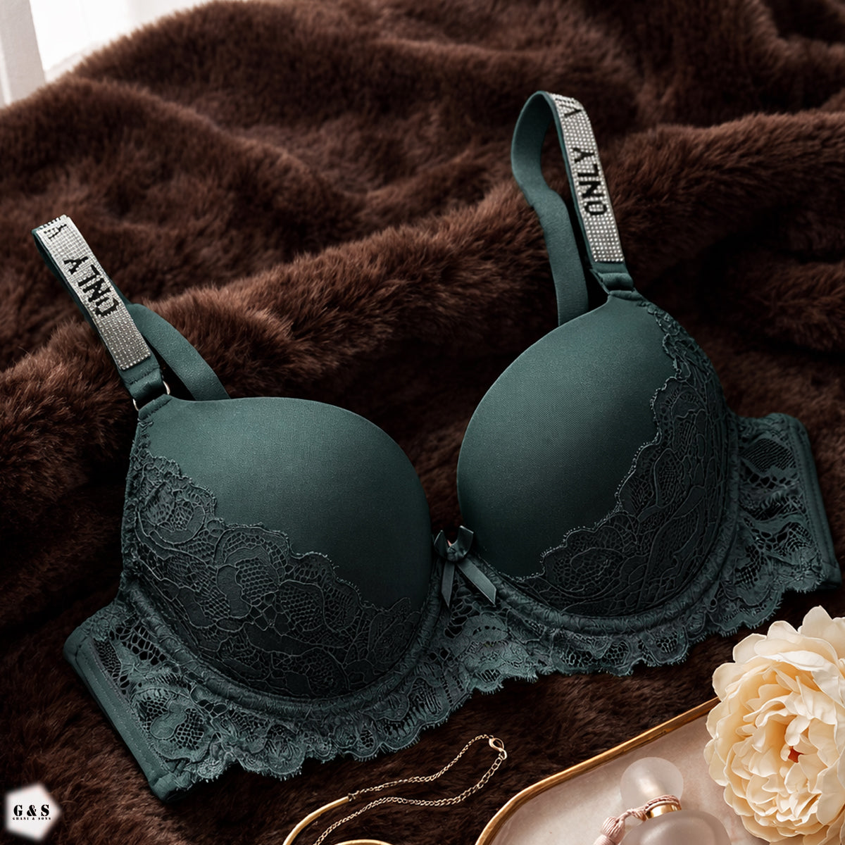 Pack Of 3 Fancy Wired Stones Design Lace Pushup Bras