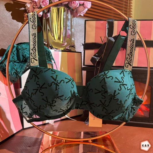 Stones Design Deep Green Color Pushup Bra With T-Panty Set