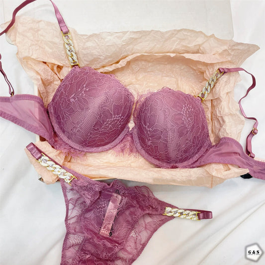 Stones Chain Design T-Pink Pushup Bra With T-Panty Set