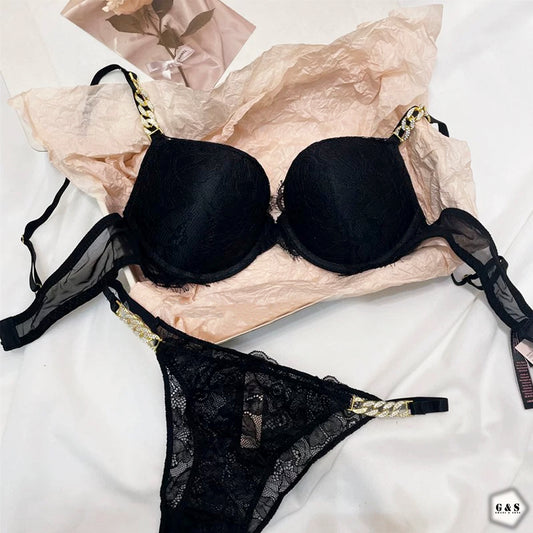 Stones Chain Lace Design Black Pushup Bra With T-Panty Set